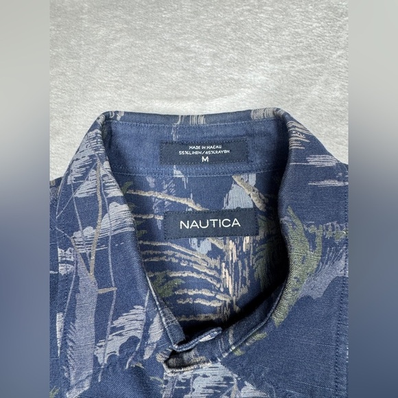 Nautica Men’s Linen Blend Tropical Button Down Hawaiian Blue Collared Shirt M - Picture 12 of 12